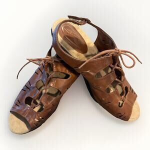 Easy Street Shoes Women’s 11W Brown Leather Lace-Up Open Toe Sandals Comfort